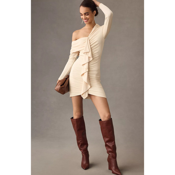 MISHA Long-Sleeve Ruffle-Front Slim Mini Dress-New Medium - Picture 1 of 5